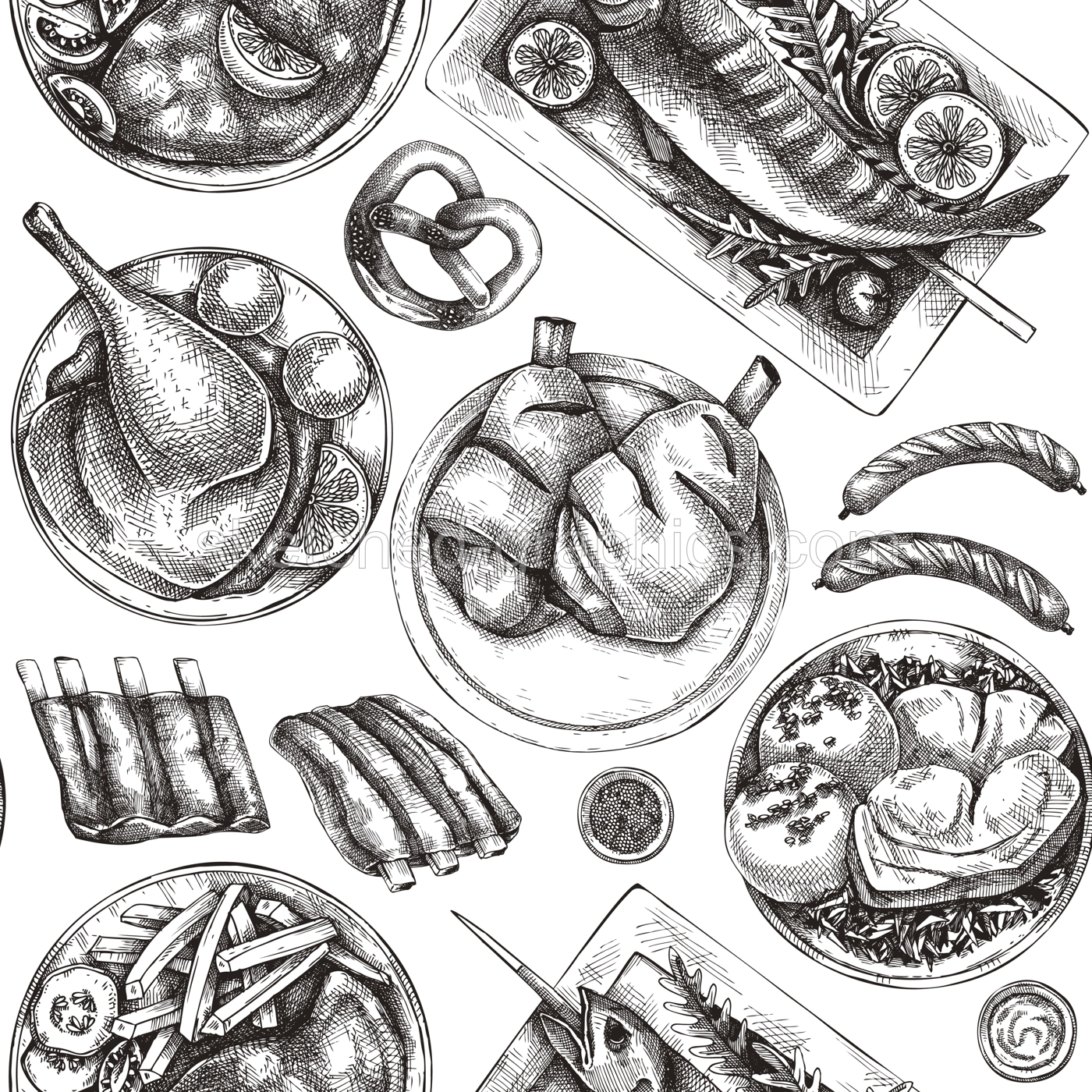 German food and drinks sketch background. Oktoberfest menu design. Hand-drawn beer seamless pattern. German cuisine backdrop. Vintage food sketched illustration Illustration